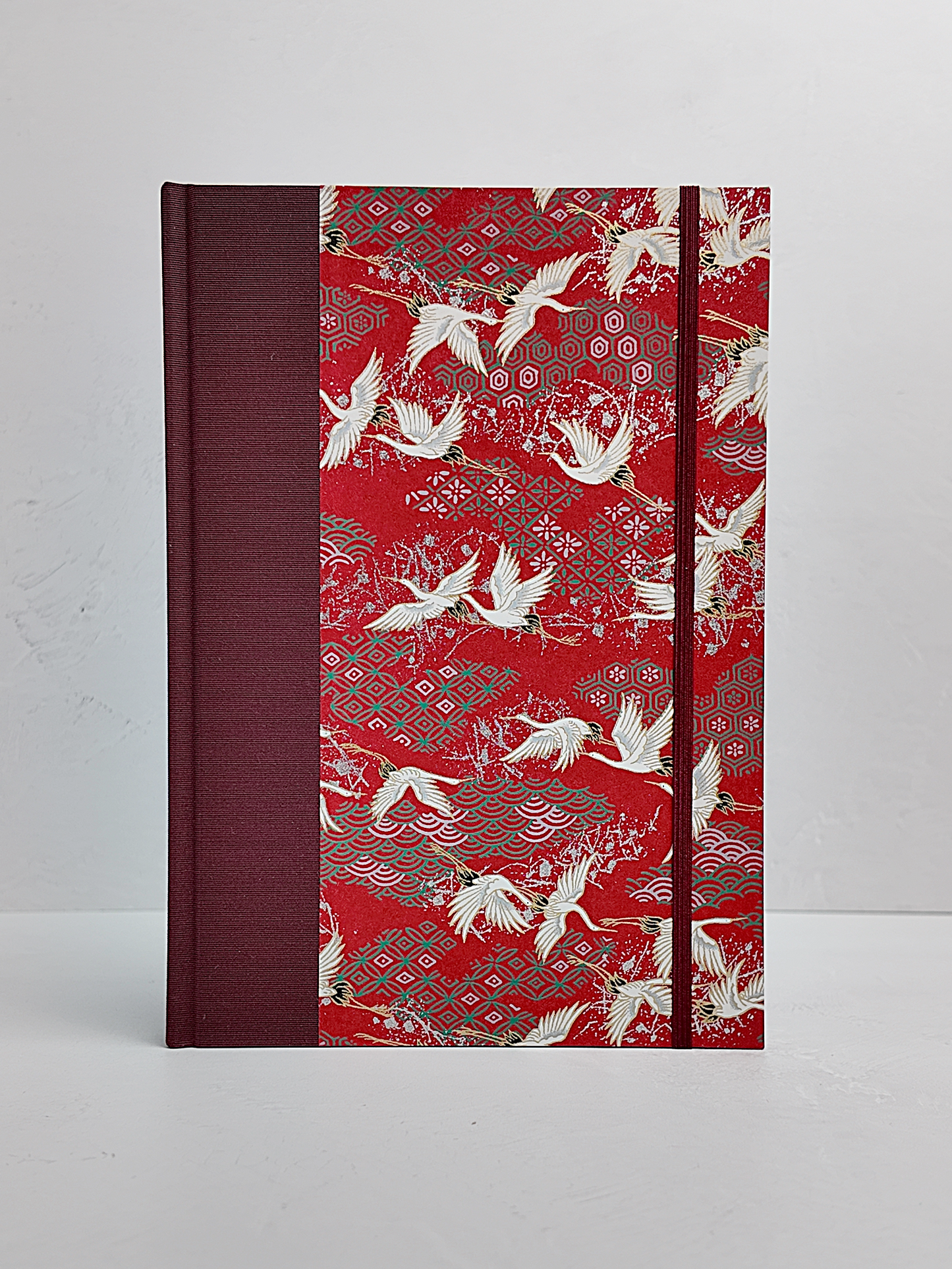 NEW B5 192-page Hardcover Journal finished in Maroon Japanese book cloth and white Cranes on red Chiyogami paper