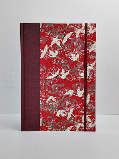 NEW B5 192-page Hardcover Journal finished in Maroon Japanese book cloth and white Cranes on red Chiyogami paper