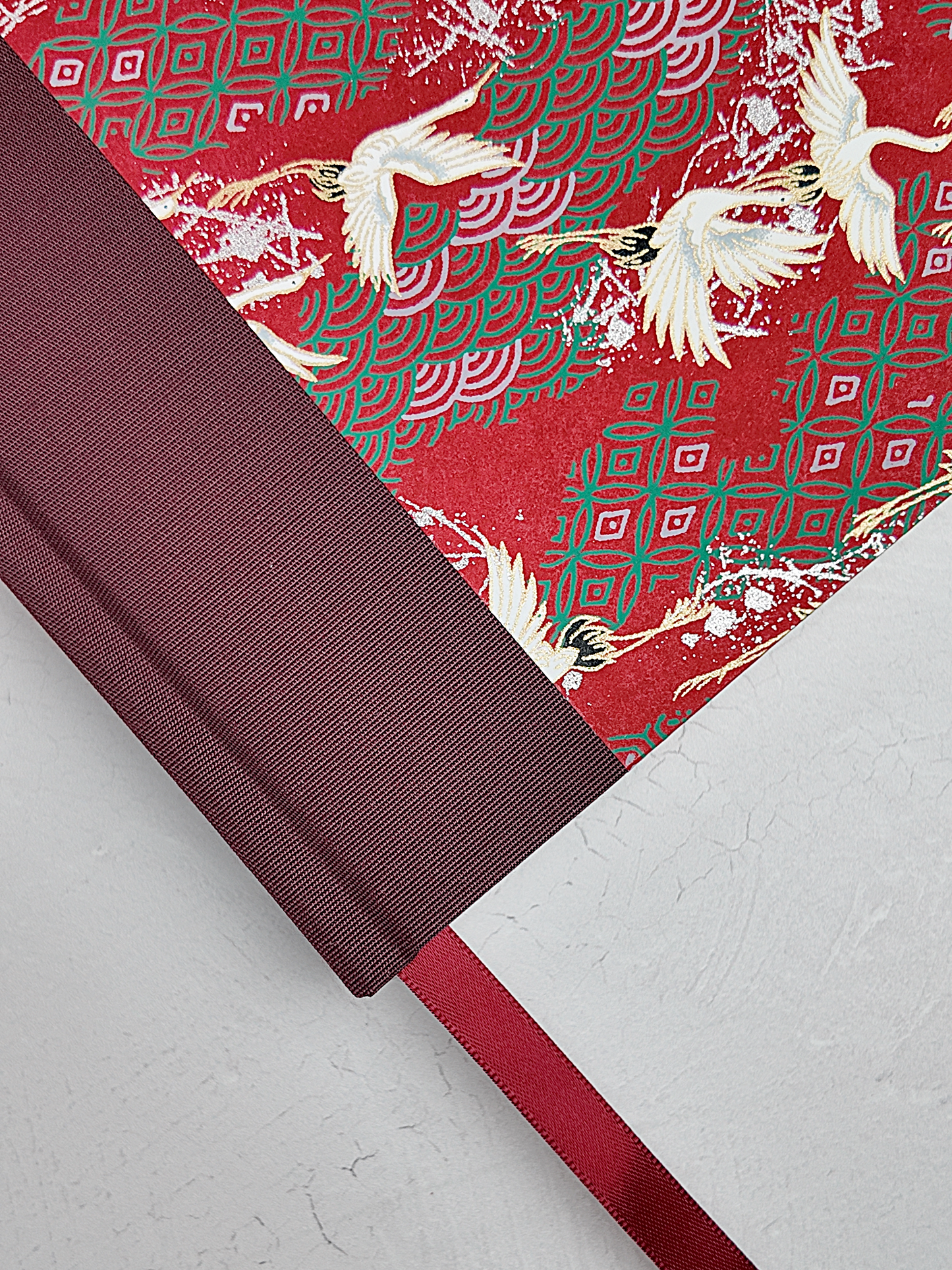 NEW B5 192-page Hardcover Journal finished in Maroon Japanese book cloth and white Cranes on red Chiyogami paper