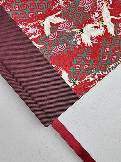 NEW B5 192-page Hardcover Journal finished in Maroon Japanese book cloth and white Cranes on red Chiyogami paper