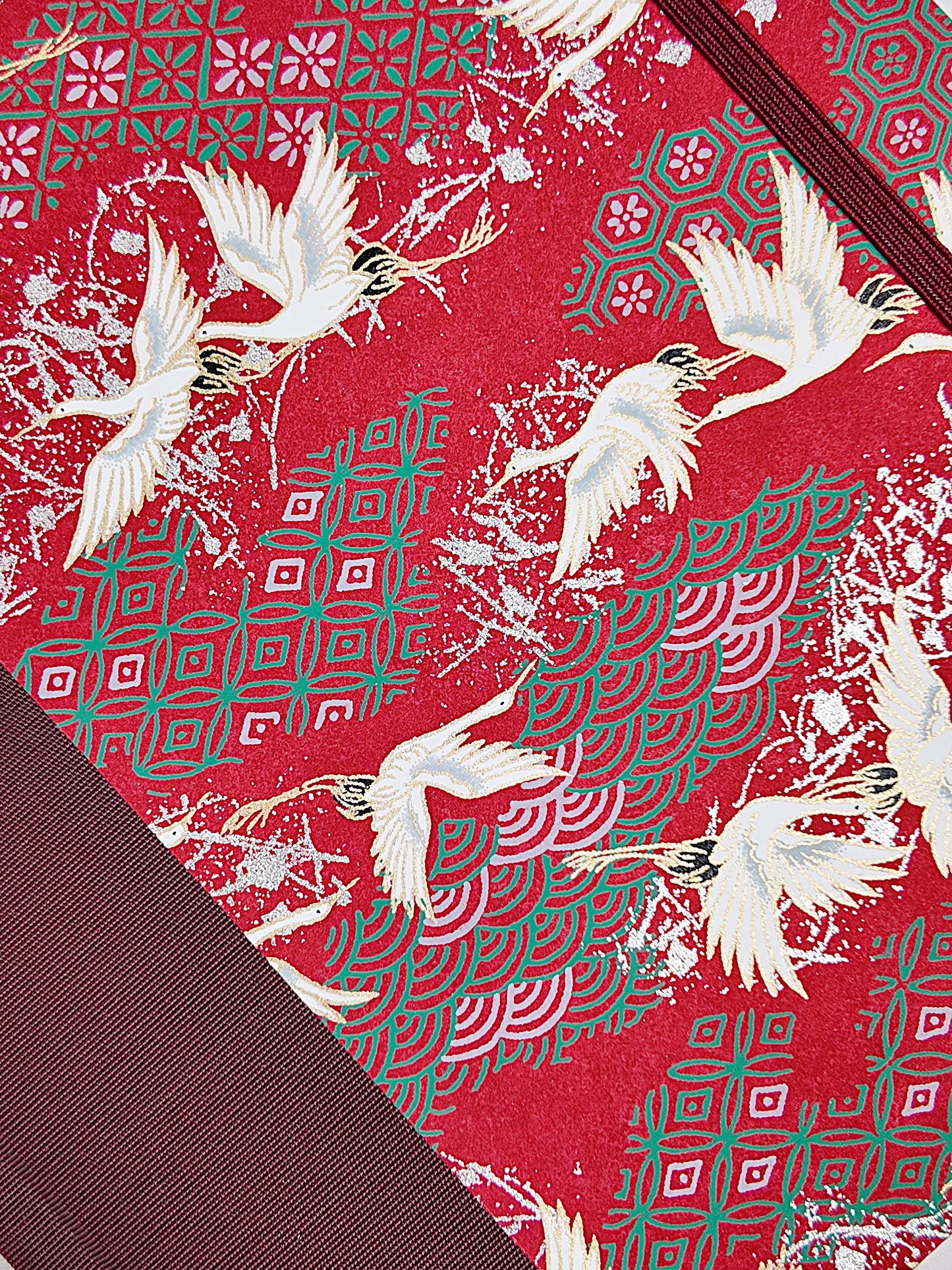 NEW B5 192-page Hardcover Journal finished in Maroon Japanese book cloth and white Cranes on red Chiyogami paper