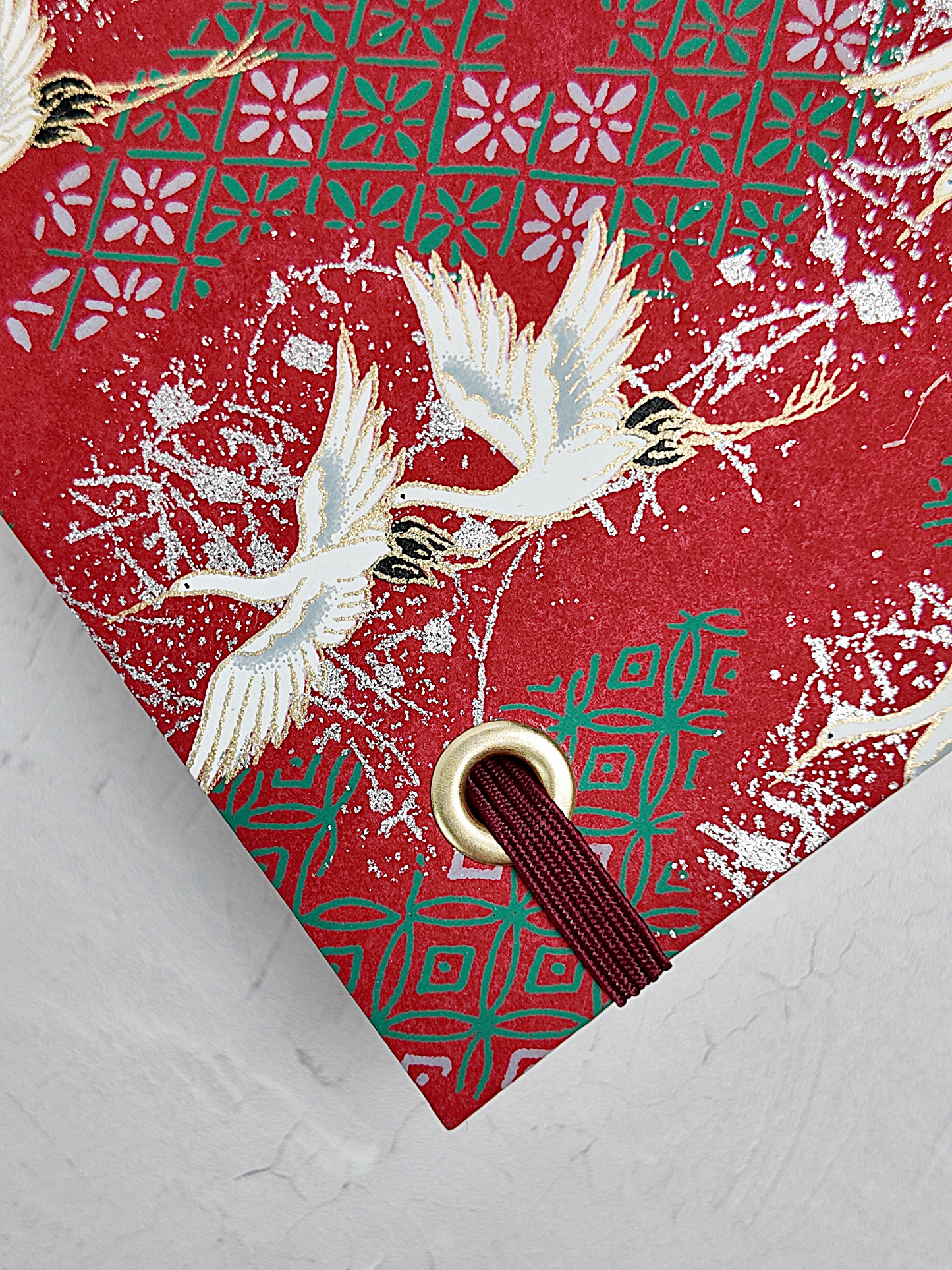 NEW B5 192-page Hardcover Journal finished in Maroon Japanese book cloth and white Cranes on red Chiyogami paper