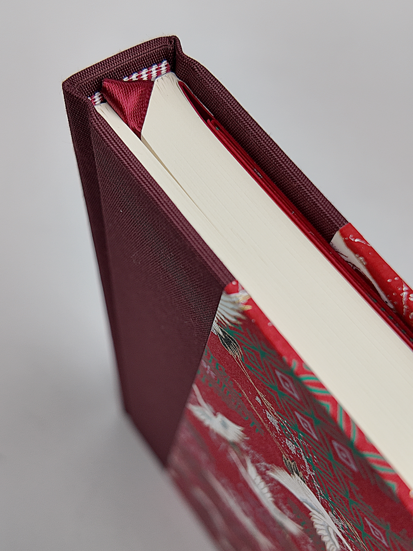 NEW A5 160-page Hardcover Journal finished in Maroon Japanese book cloth and white Cranes on red Chiyogami paper