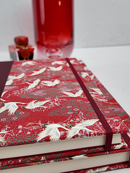 NEW B5 192-page Hardcover Journal finished in Maroon Japanese book cloth and white Cranes on red Chiyogami paper
