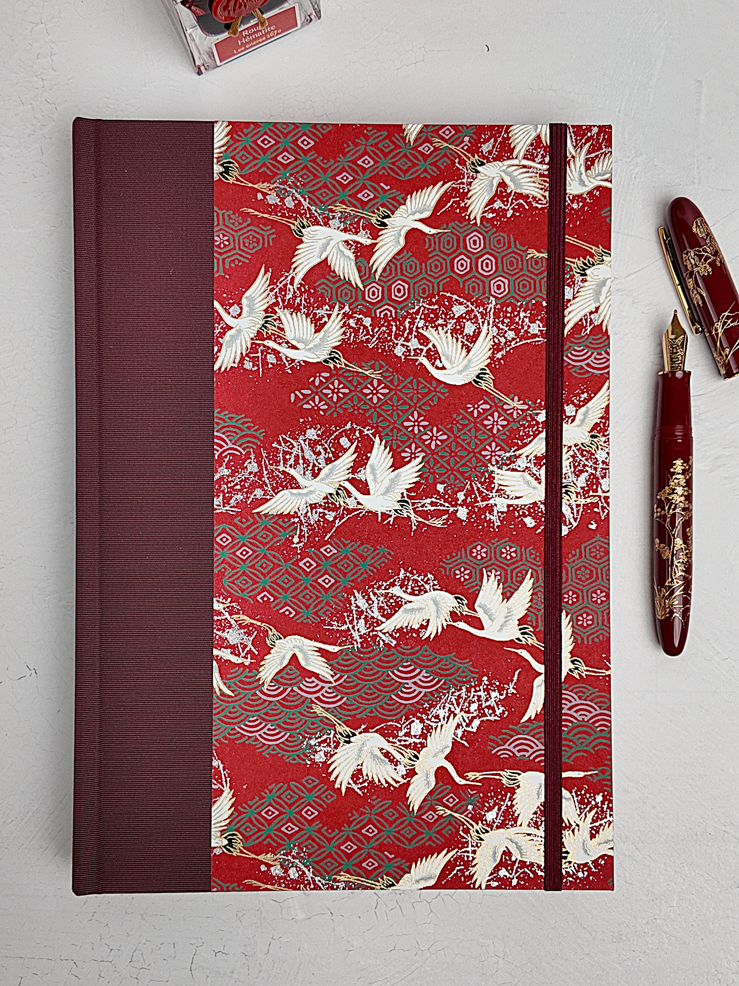 NEW B5 192-page Hardcover Journal finished in Maroon Japanese book cloth and white Cranes on red Chiyogami paper