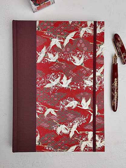 NEW B5 192-page Hardcover Journal finished in Maroon Japanese book cloth and white Cranes on red Chiyogami paper
