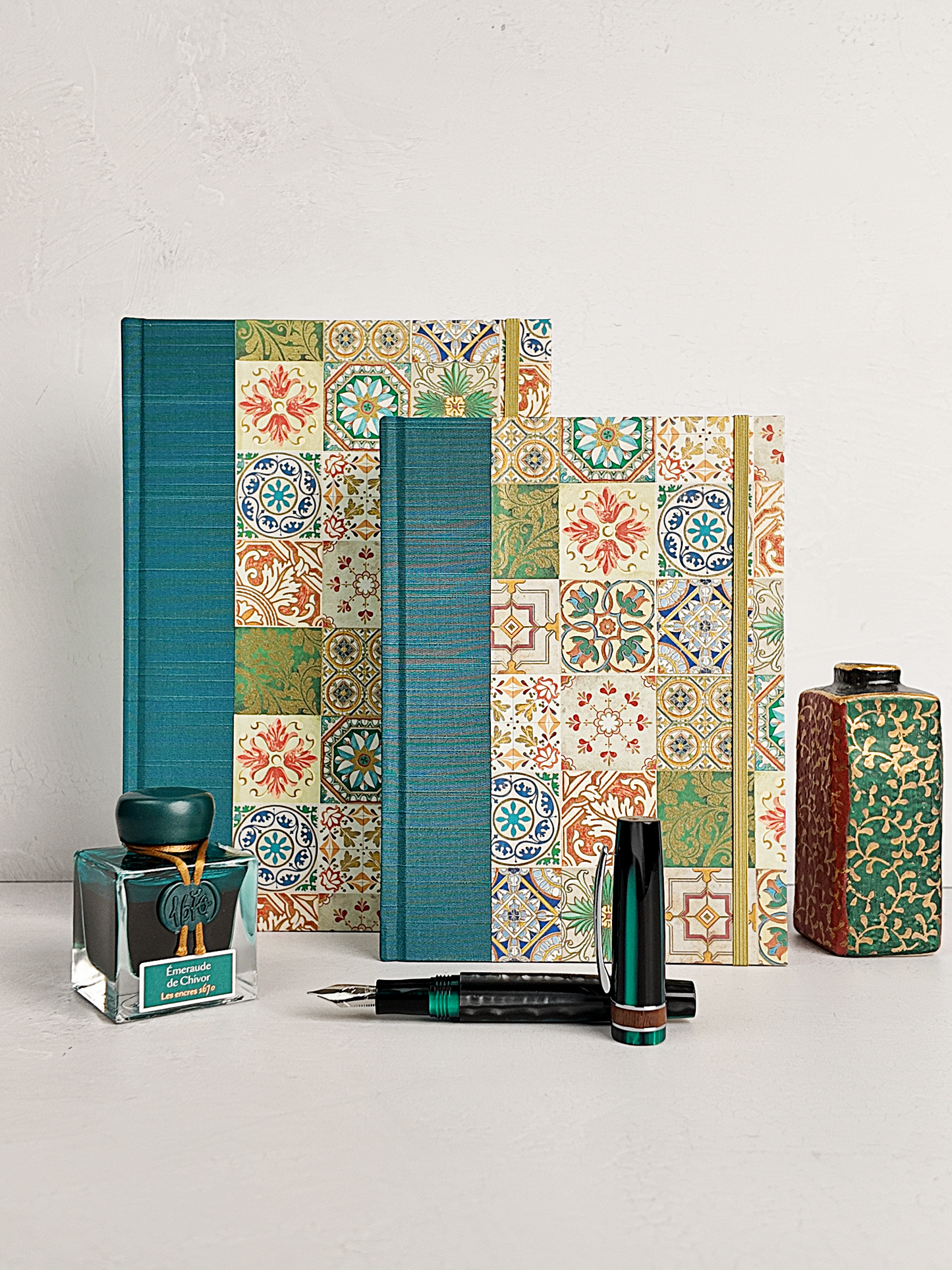 NEW B5 192-page Hardcover Journal finished in Cadette Blue Japanese book cloth and Mexican Talavera Tile silk screen paper