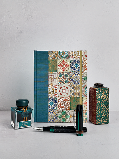 NEW A5 160-page Hardcover Journal finished in Cadette Blue Japanese book cloth and Mexican Talavera Tile silk screen paper