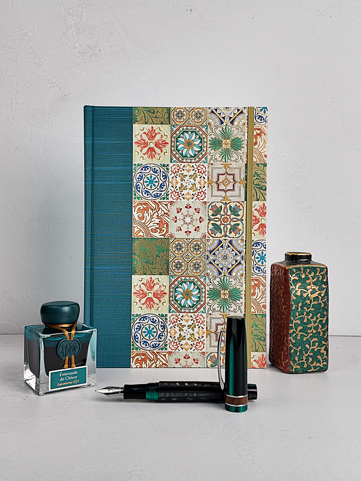NEW B5 192-page Hardcover Journal finished in Cadette Blue Japanese book cloth and Mexican Talavera Tile silk screen paper