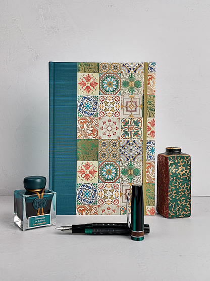 NEW B5 192-page Hardcover Journal finished in Cadette Blue Japanese book cloth and Mexican Talavera Tile silk screen paper
