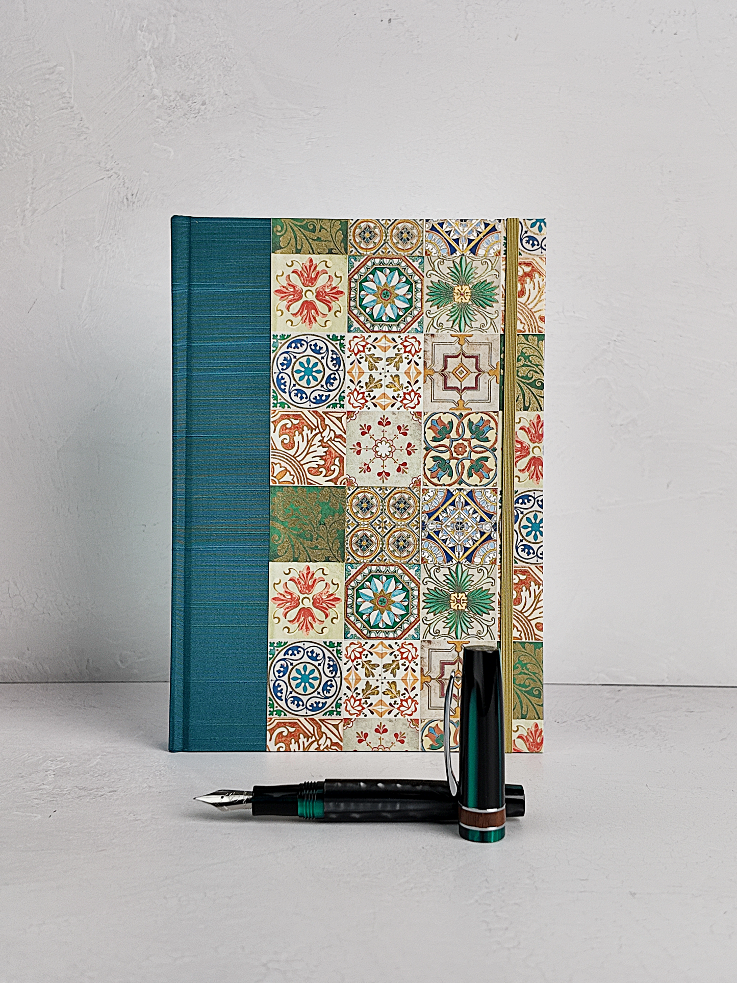 NEW B5 192-page Hardcover Journal finished in Cadette Blue Japanese book cloth and Mexican Talavera Tile silk screen paper