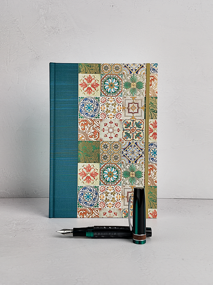 NEW B5 192-page Hardcover Journal finished in Cadette Blue Japanese book cloth and Mexican Talavera Tile silk screen paper