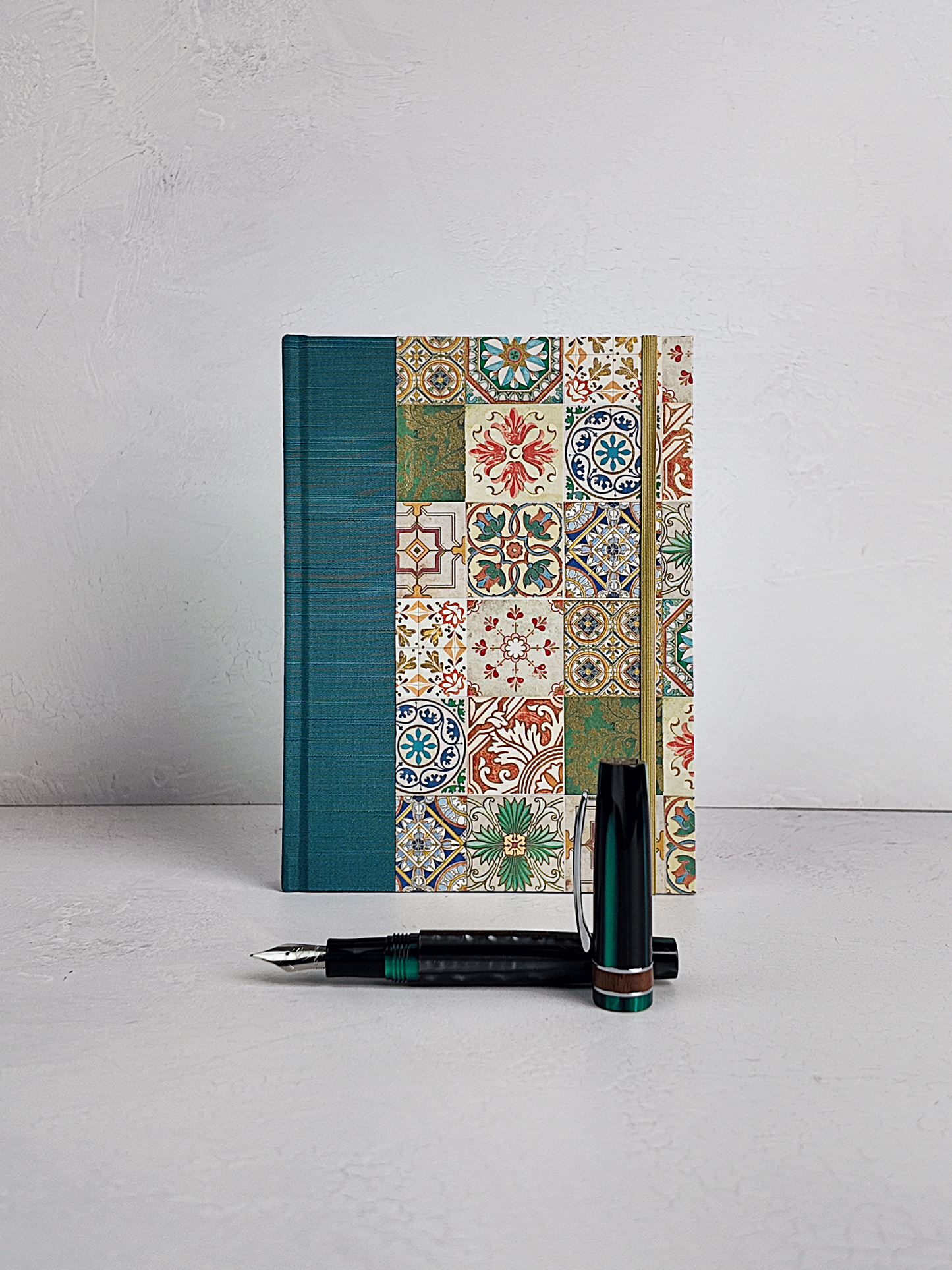 NEW A5 160-page Hardcover Journal finished in Cadette Blue Japanese book cloth and Mexican Talavera Tile silk screen paper