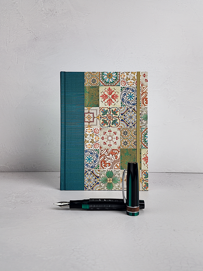 NEW A5 160-page Hardcover Journal finished in Cadette Blue Japanese book cloth and Mexican Talavera Tile silk screen paper