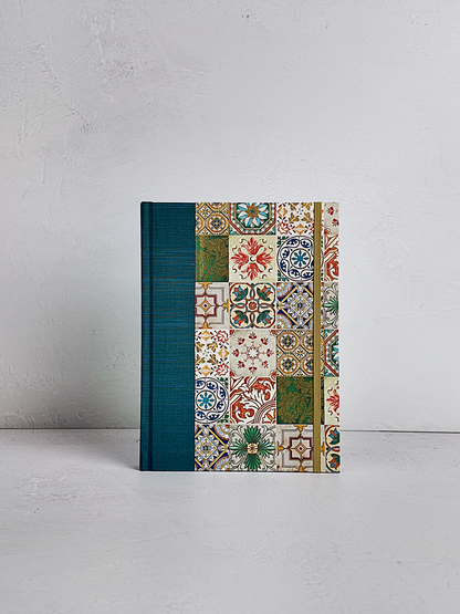NEW A5 160-page Hardcover Journal finished in Cadette Blue Japanese book cloth and Mexican Talavera Tile silk screen paper