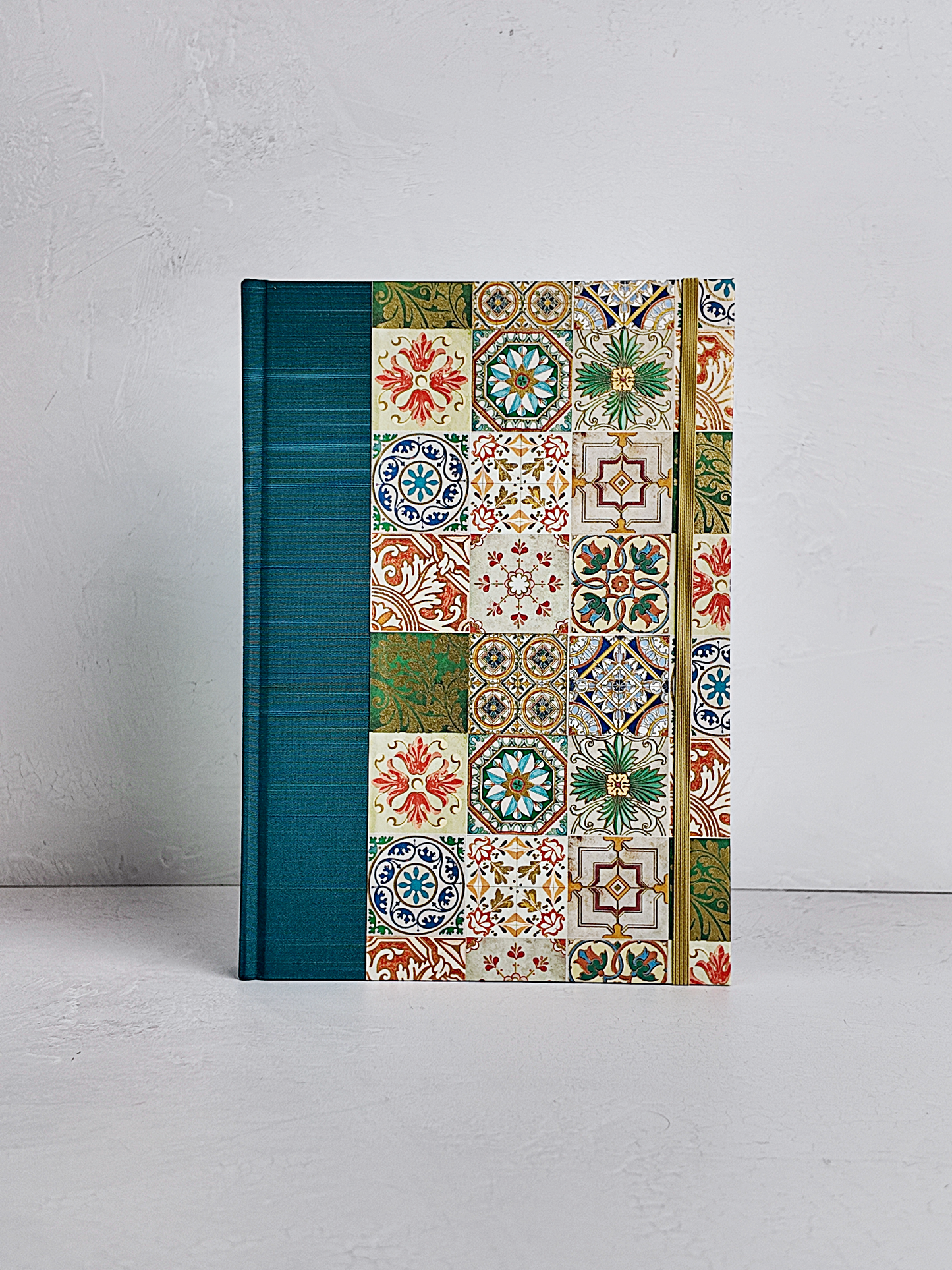 NEW B5 192-page Hardcover Journal finished in Cadette Blue Japanese book cloth and Mexican Talavera Tile silk screen paper