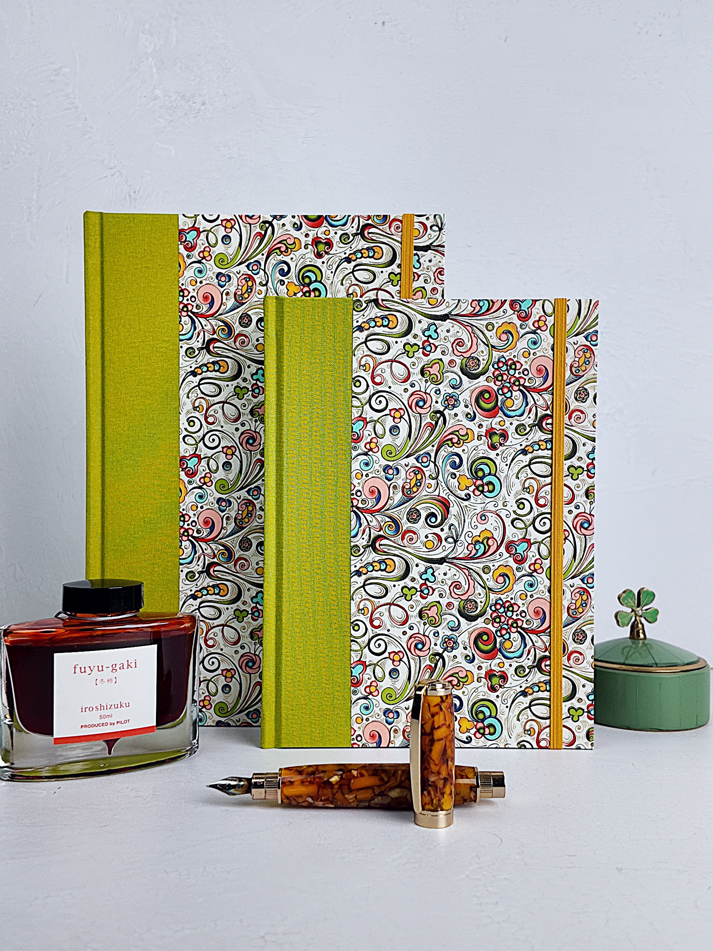 NEW B5 192-page Hardcover Journal finished in Lemongrass Verona book cloth and an Italian Florentine Print