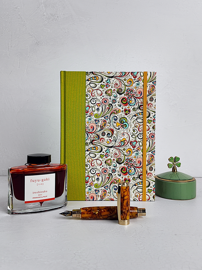 NEW A5 160-page Hardcover Journal finished in Lemongrass Verona book cloth and an Italian Florentine Print