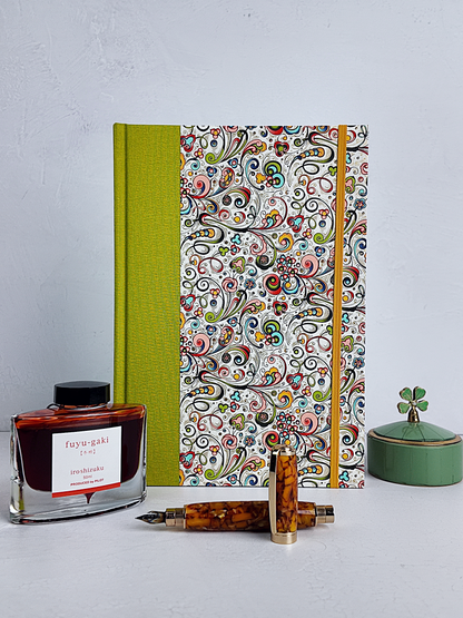 NEW B5 192-page Hardcover Journal finished in Lemongrass Verona book cloth and an Italian Florentine Print