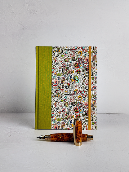 NEW A5 160-page Hardcover Journal finished in Lemongrass Verona book cloth and an Italian Florentine Print