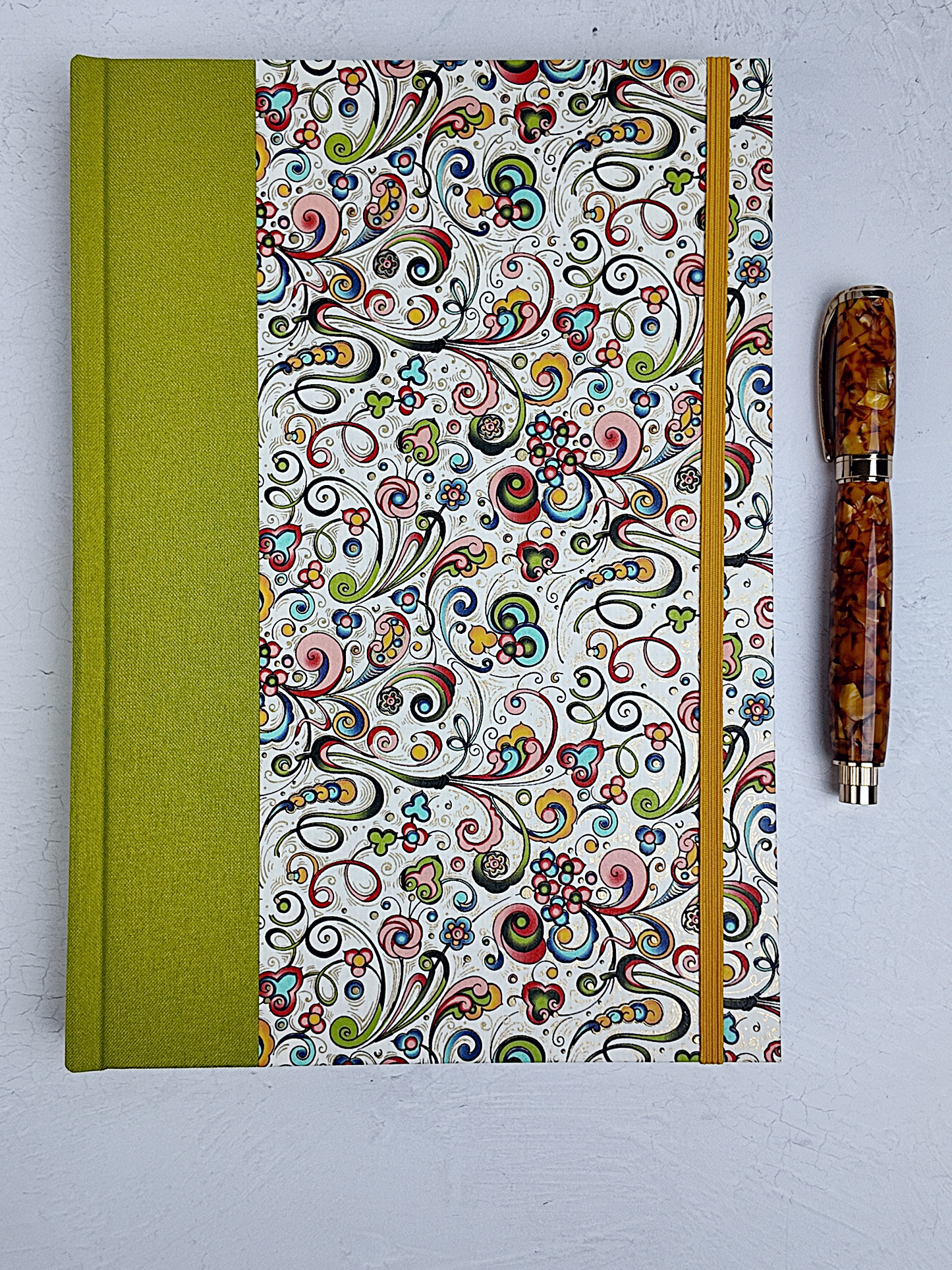 NEW B5 192-page Hardcover Journal finished in Lemongrass Verona book cloth and an Italian Florentine Print