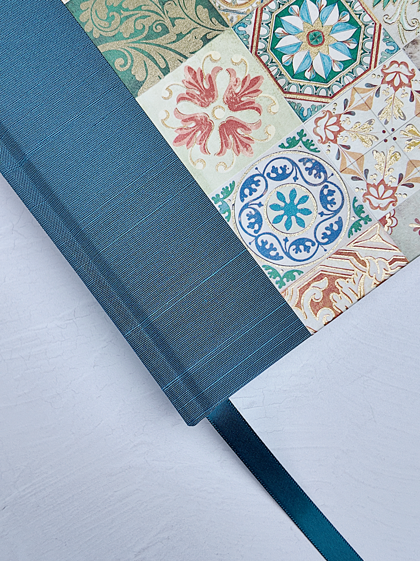 NEW B5 192-page Hardcover Journal finished in Cadette Blue Japanese book cloth and Mexican Talavera Tile silk screen paper