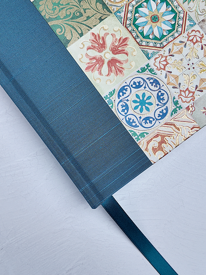 NEW B5 192-page Hardcover Journal finished in Cadette Blue Japanese book cloth and Mexican Talavera Tile silk screen paper