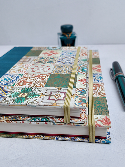 NEW B5 192-page Hardcover Journal finished in Cadette Blue Japanese book cloth and Mexican Talavera Tile silk screen paper