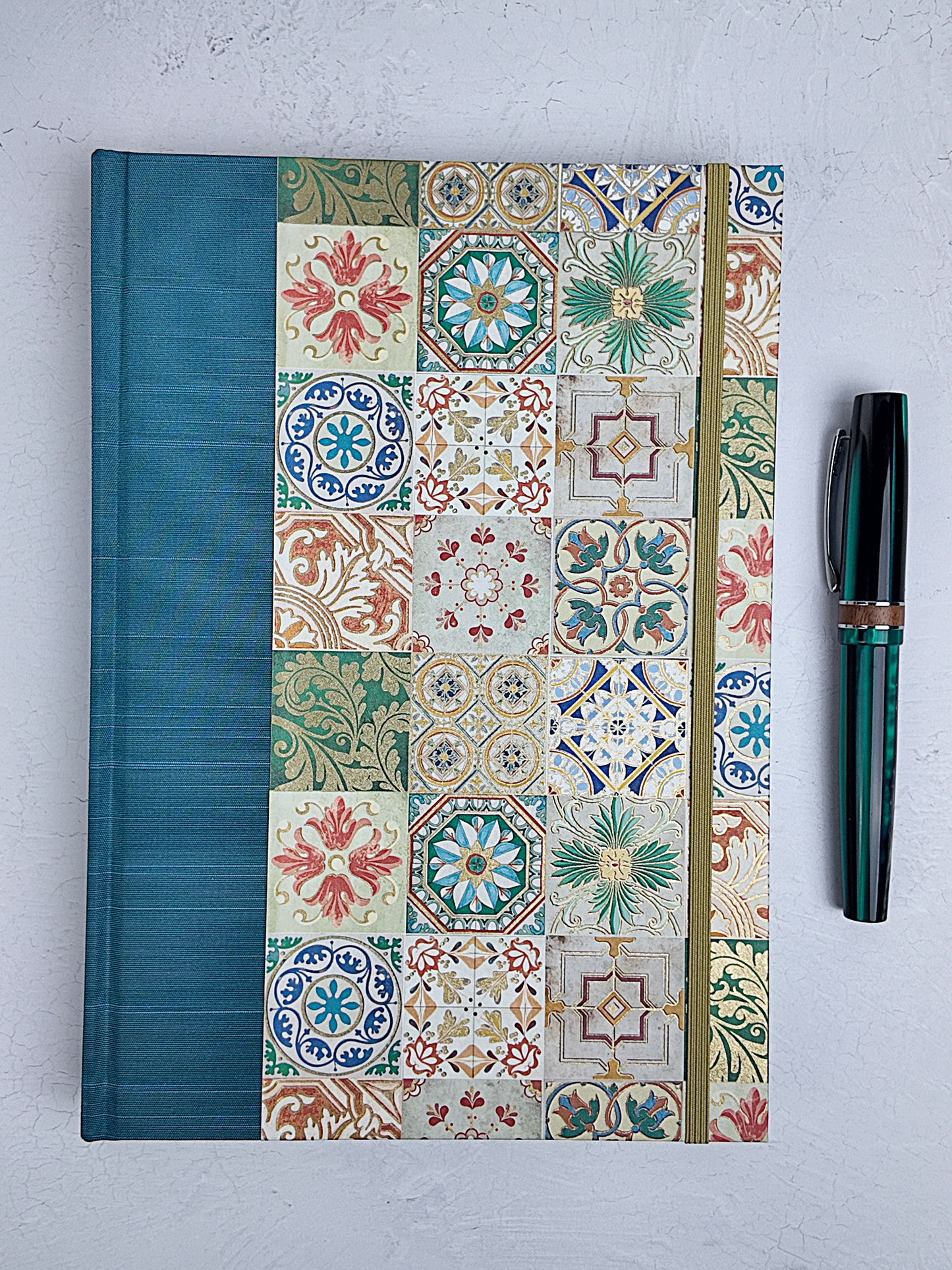 NEW B5 192-page Hardcover Journal finished in Cadette Blue Japanese book cloth and Mexican Talavera Tile silk screen paper