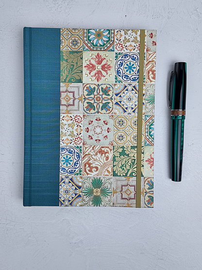 NEW A5 160-page Hardcover Journal finished in Cadette Blue Japanese book cloth and Mexican Talavera Tile silk screen paper