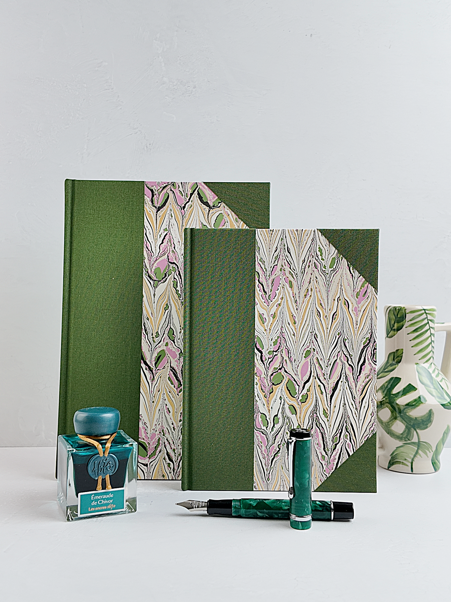 NEW B5 192-page Hardcover Journal finished in Olive Verona book cloth and Renato Crepaldi hand marbled paper