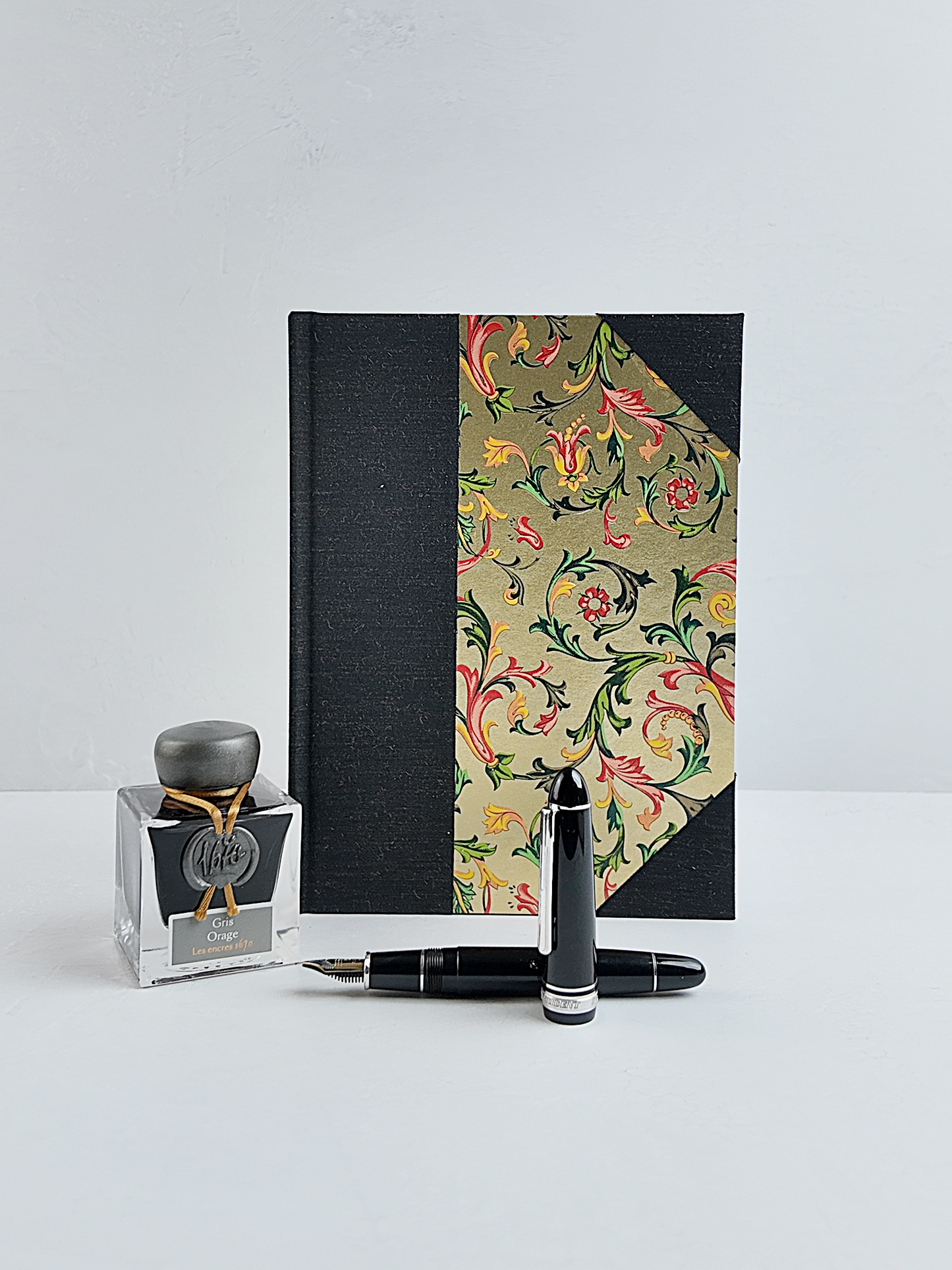NEW A5 160-page Hardcover Journal finished in Black Mohair Japanese book cloth and gold Italian Florentine print