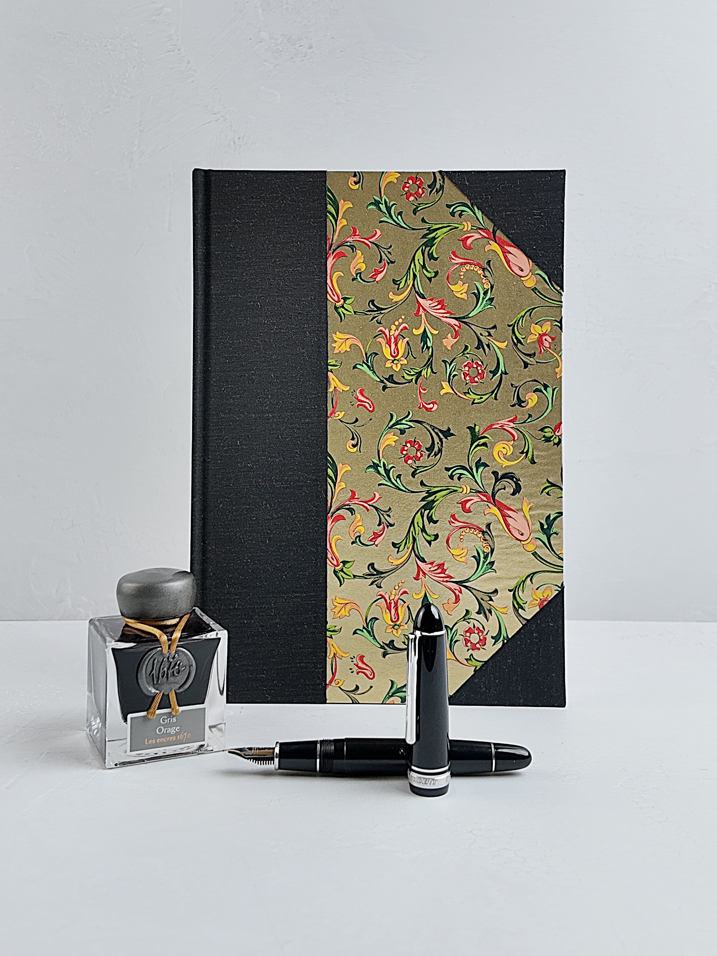 NEW B5 192-page Hardcover Journal finished in Black Mohair Japanese book cloth and gold Italian Florentine print