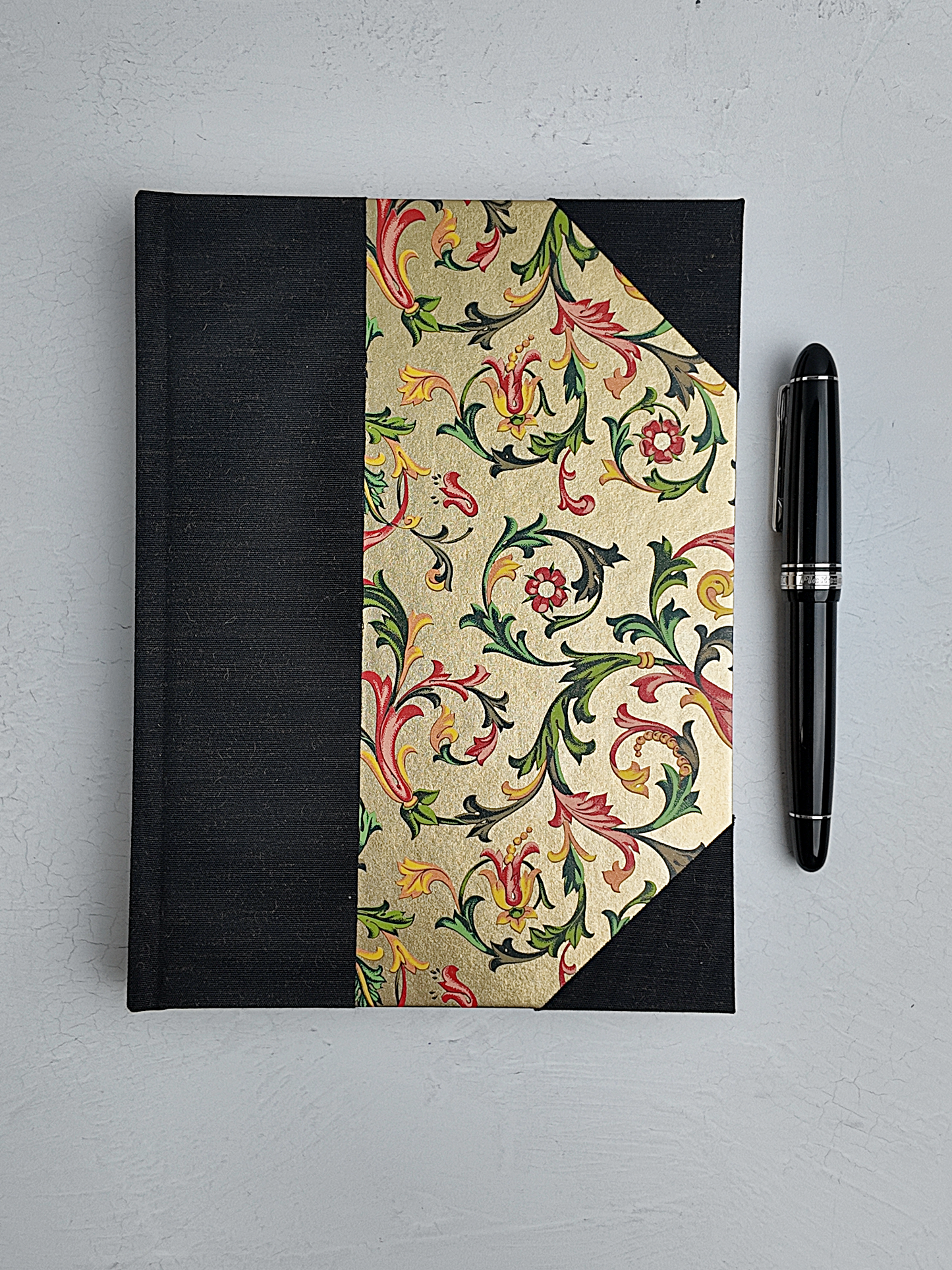 NEW A5 160-page Hardcover Journal finished in Black Mohair Japanese book cloth and gold Italian Florentine print