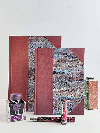 NEW A5 160-page Hardcover Journal finished in Rust Blue Japanese book cloth and Renato Crepaldi hand marbled paper