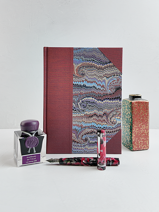 NEW A5 160-page Hardcover Journal finished in Rust Blue Japanese book cloth and Renato Crepaldi hand marbled paper