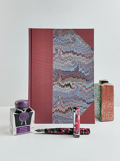 NEW B5 192-page Hardcover Journal finished in Rust Blue Japanese book cloth and Renato Crepaldi hand marbled paper