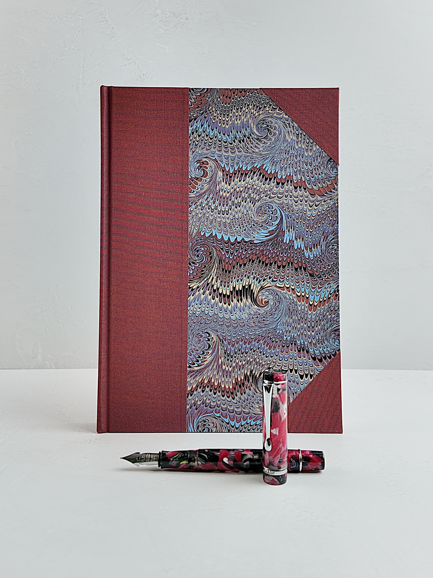NEW B5 192-page Hardcover Journal finished in Rust Blue Japanese book cloth and Renato Crepaldi hand marbled paper
