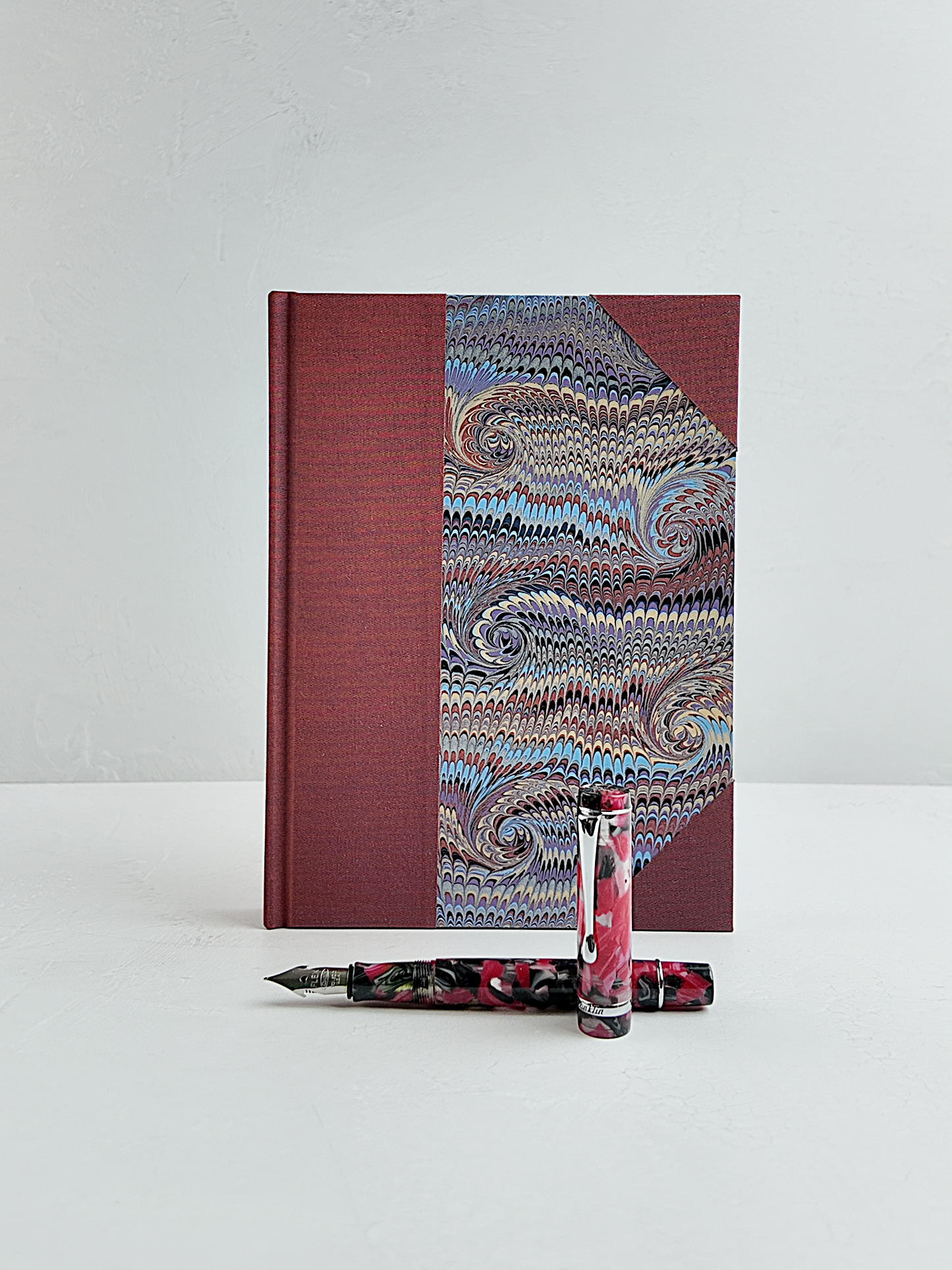NEW A5 160-page Hardcover Journal finished in Rust Blue Japanese book cloth and Renato Crepaldi hand marbled paper