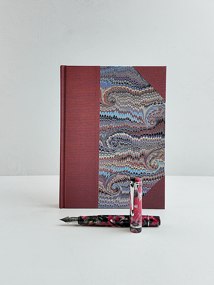 NEW A5 160-page Hardcover Journal finished in Rust Blue Japanese book cloth and Renato Crepaldi hand marbled paper