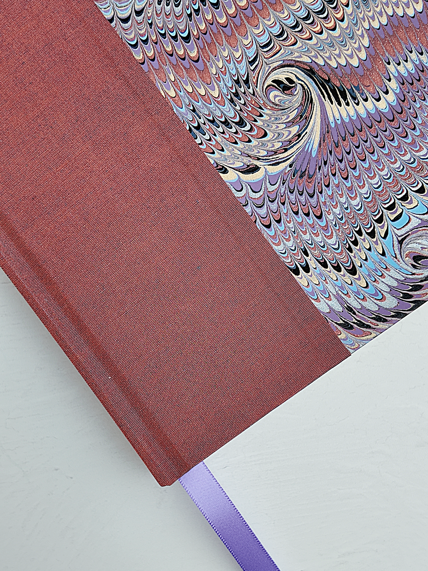 NEW A5 160-page Hardcover Journal finished in Rust Blue Japanese book cloth and Renato Crepaldi hand marbled paper