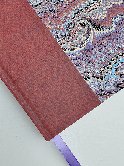 NEW A5 160-page Hardcover Journal finished in Rust Blue Japanese book cloth and Renato Crepaldi hand marbled paper