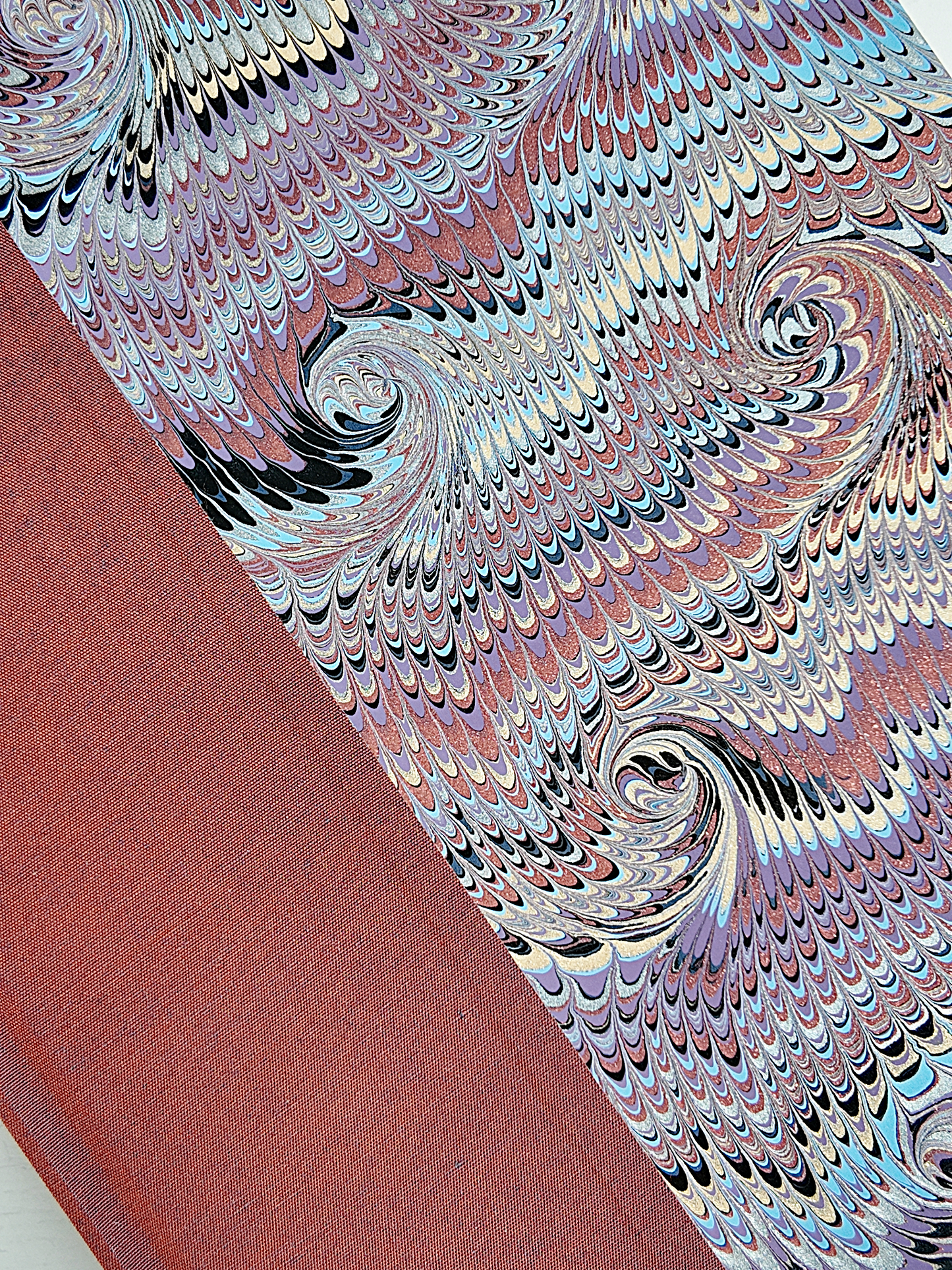 NEW A5 160-page Hardcover Journal finished in Rust Blue Japanese book cloth and Renato Crepaldi hand marbled paper