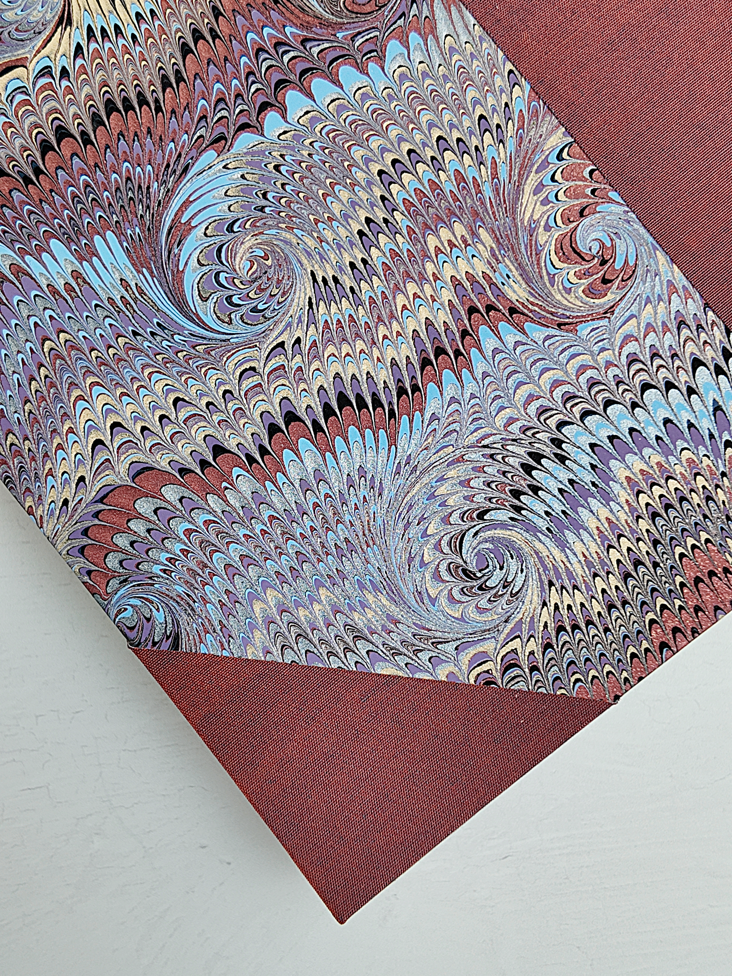 NEW A5 160-page Hardcover Journal finished in Rust Blue Japanese book cloth and Renato Crepaldi hand marbled paper