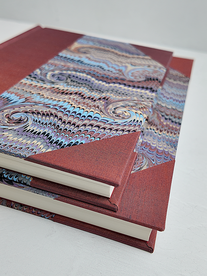 NEW A5 160-page Hardcover Journal finished in Rust Blue Japanese book cloth and Renato Crepaldi hand marbled paper