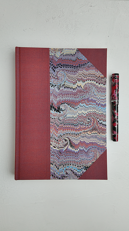 NEW A5 160-page Hardcover Journal finished in Rust Blue Japanese book cloth and Renato Crepaldi hand marbled paper