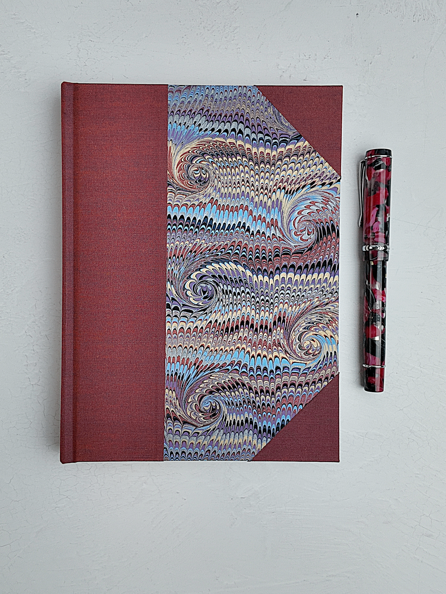 NEW B5 192-page Hardcover Journal finished in Rust Blue Japanese book cloth and Renato Crepaldi hand marbled paper