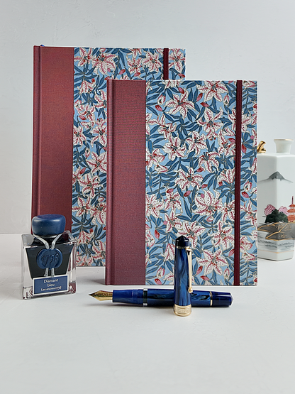 NEW A5 160-page Hardcover Journal finished in Rust Blue Japanese book cloth and white Lilies on blue Chiyogami Paper