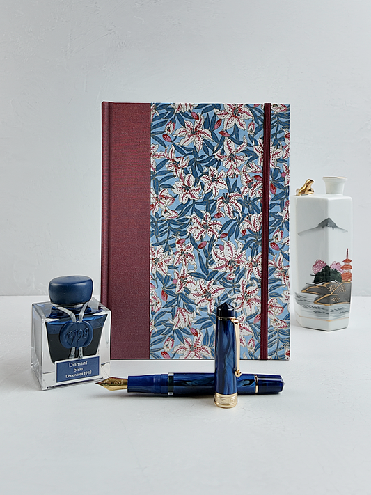 NEW A5 160-page Hardcover Journal finished in Rust Blue Japanese book cloth and white Lilies on blue Chiyogami Paper