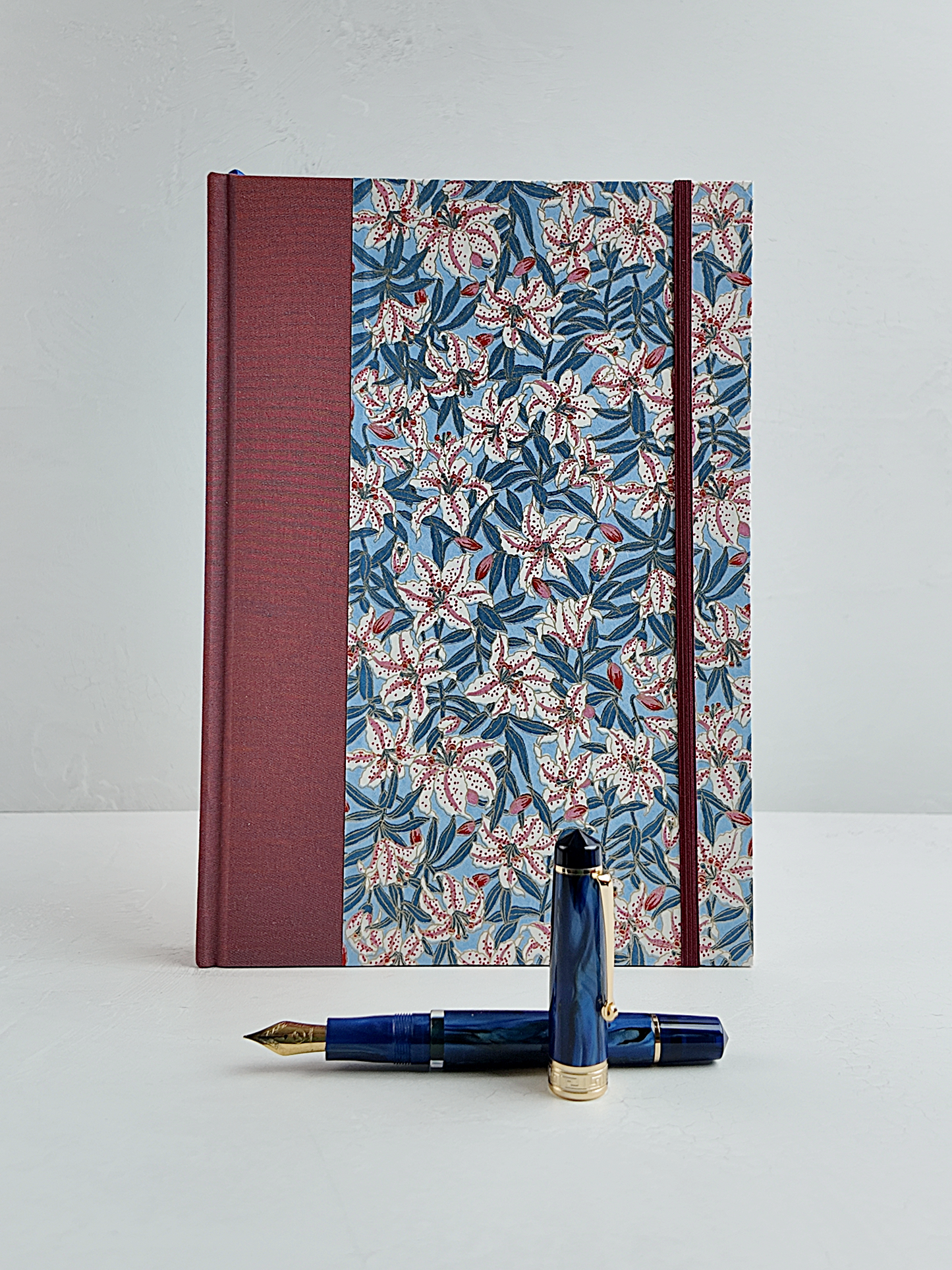 NEW B5 192-page Hardcover Journal finished in Rust Blue Japanese book cloth and white Lilies on blue Chiyogami Paper